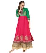 Women's Pink & Green Cotton Block Prints Long Anarkali kurti