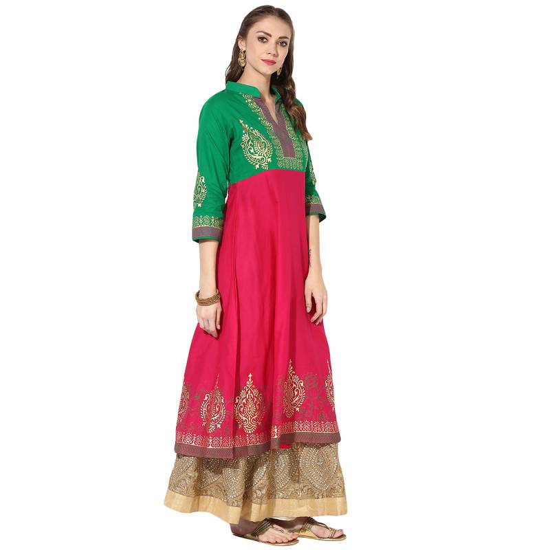 Women's Pink & Green Cotton Block Prints Long Anarkali kurti