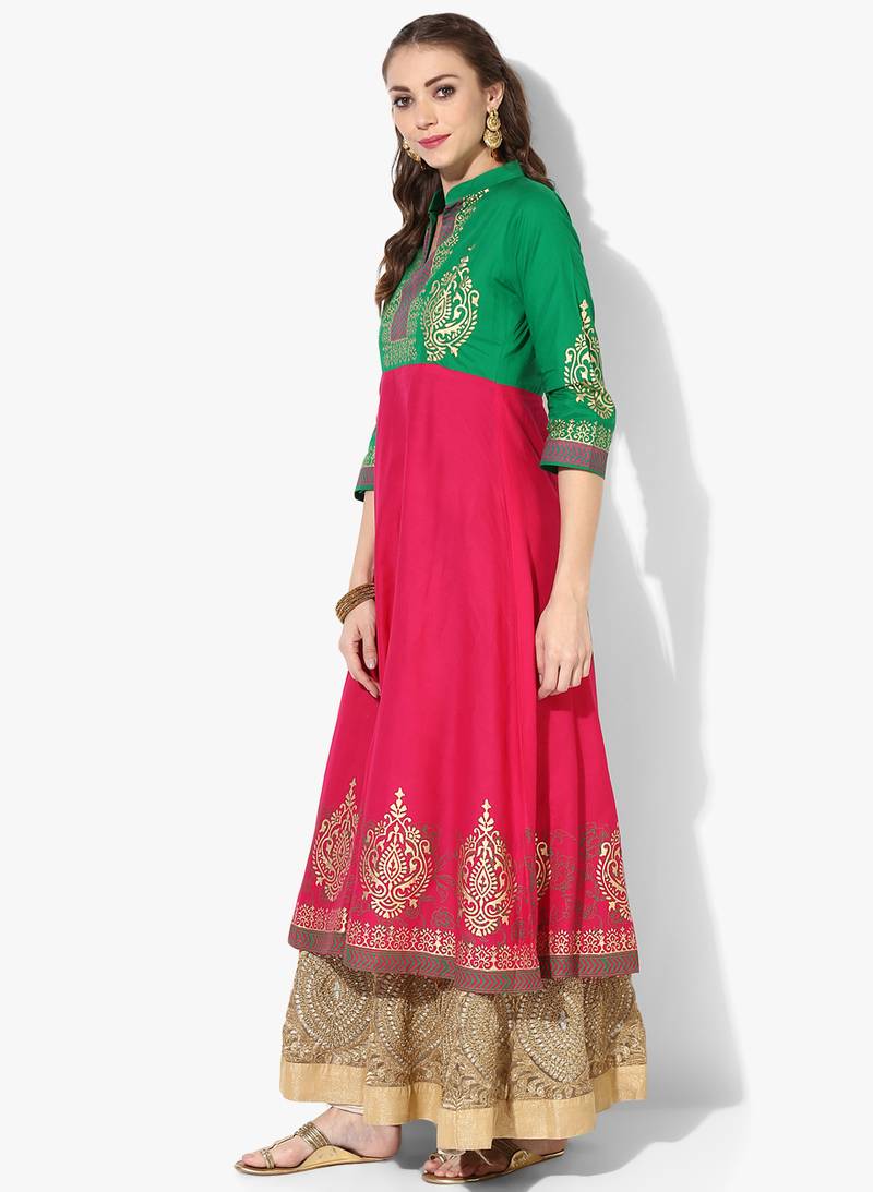 Women's Pink & Green Cotton Block Prints Long Anarkali kurti