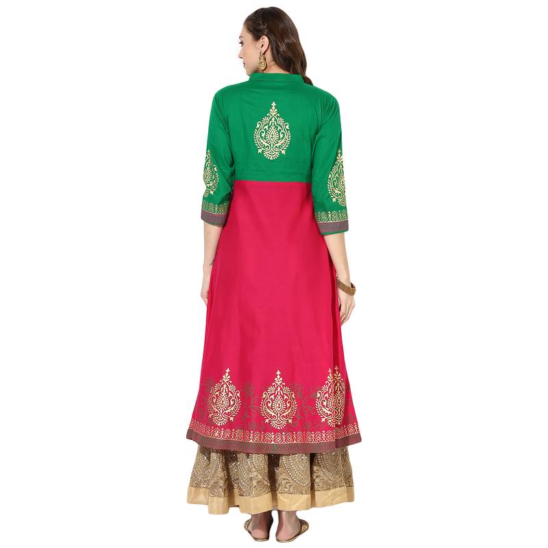 Women's Pink & Green Cotton Block Prints Long Anarkali kurti