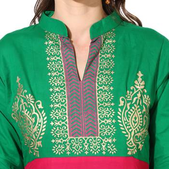 Women's Pink & Green Cotton Block Prints Long Anarkali kurti 5