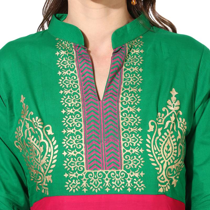 Women's Pink & Green Cotton Block Prints Long Anarkali kurti