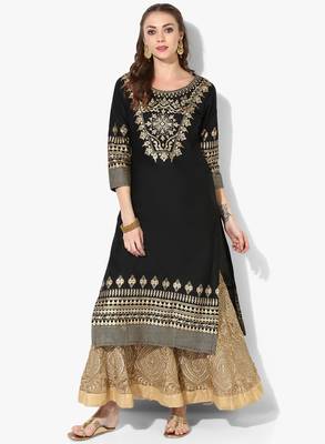 Women's Black Cotton Block Prints Long Straight kurti 1