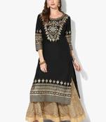 Women's Black Cotton Block Prints Long Straight kurti