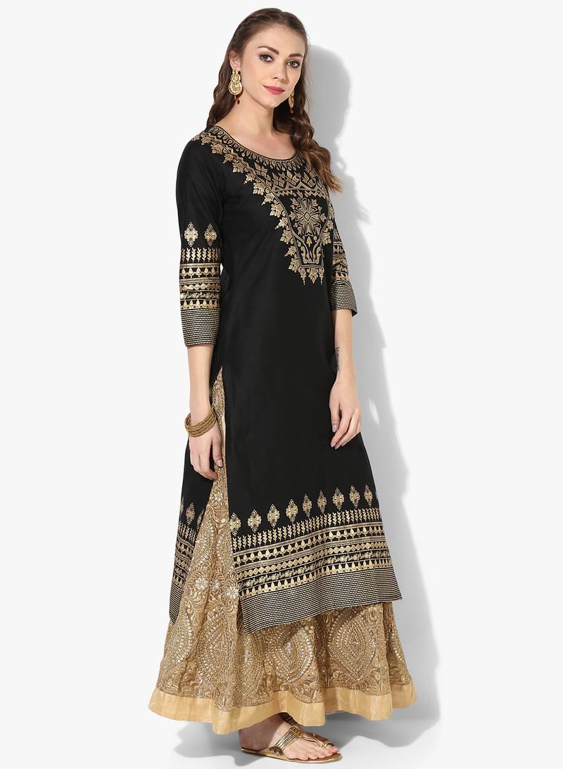 Women's Black Cotton Block Prints Long Straight kurti