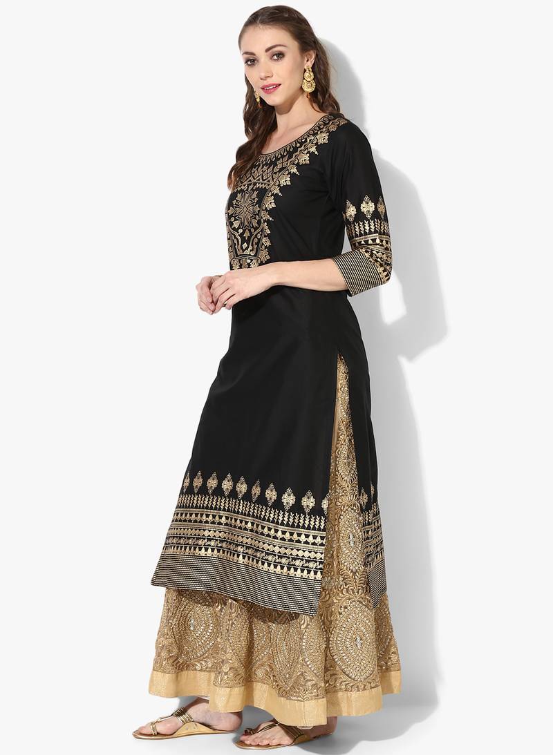 Women's Black Cotton Block Prints Long Straight kurti