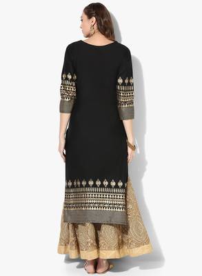 Women's Black Cotton Block Prints Long Straight kurti 4
