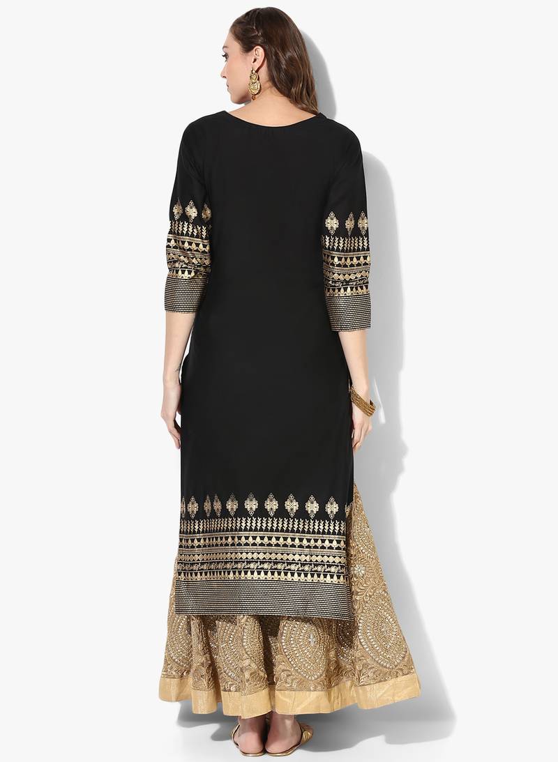 Women's Black Cotton Block Prints Long Straight kurti