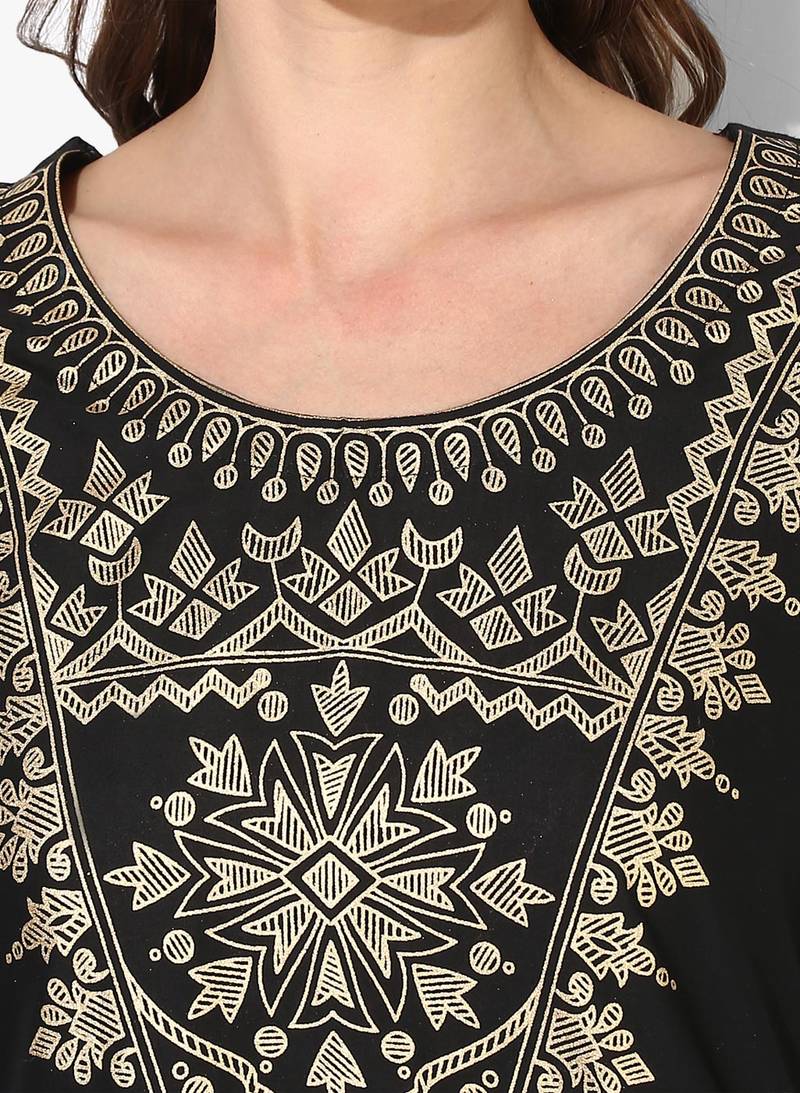 Women's Black Cotton Block Prints Long Straight kurti