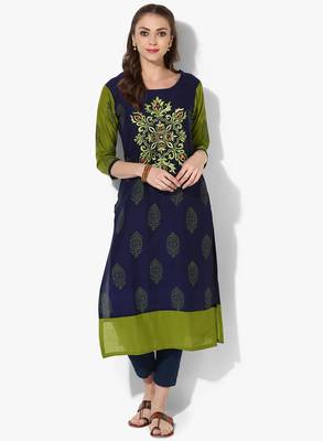Women's Blue Cotton Embroidery Long Straight kurti 1