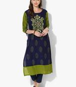 Women's Blue Cotton Embroidery Long Straight kurti