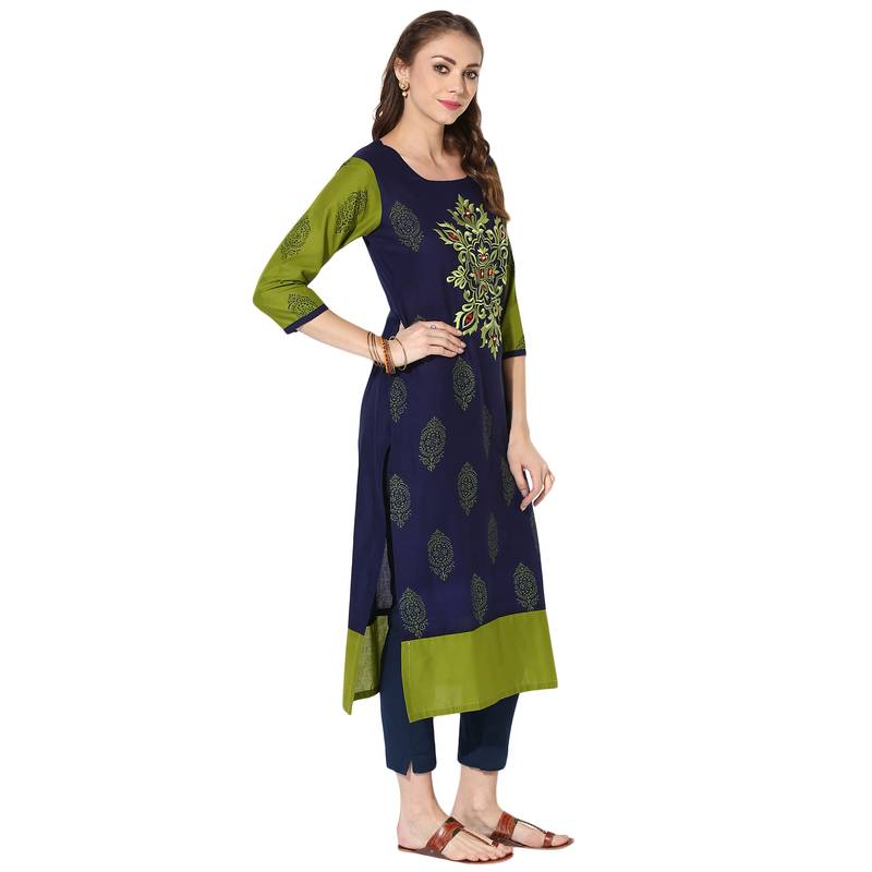 Women's Blue Cotton Embroidery Long Straight kurti