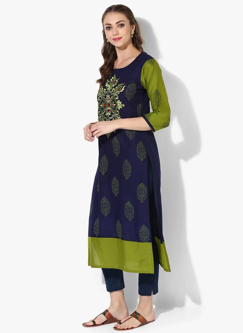 Women's Blue Cotton Embroidery Long Straight kurti
