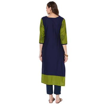 Women's Blue Cotton Embroidery Long Straight kurti 4