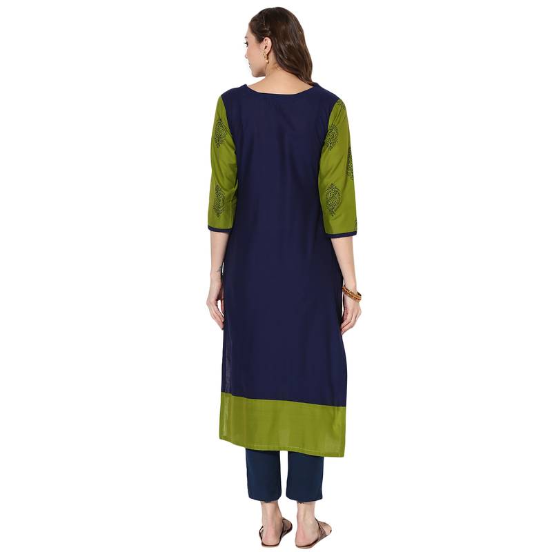 Women's Blue Cotton Embroidery Long Straight kurti
