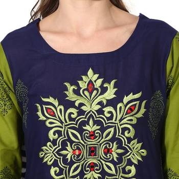 Women's Blue Cotton Embroidery Long Straight kurti 5
