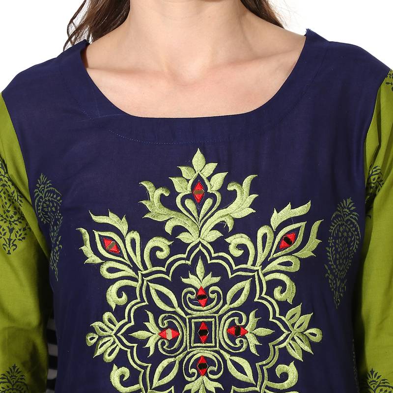 Women's Blue Cotton Embroidery Long Straight kurti