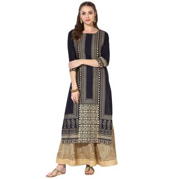 Women's Blue Cotton Block Prints Long Straight kurti 1