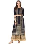 Women's Blue Cotton Block Prints Long Straight kurti