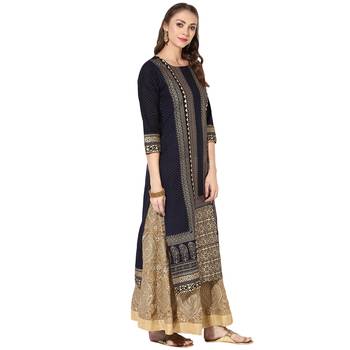 Women's Blue Cotton Block Prints Long Straight kurti 2