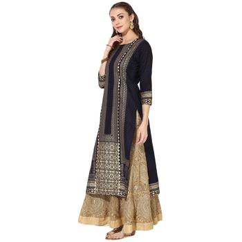 Women's Blue Cotton Block Prints Long Straight kurti 3
