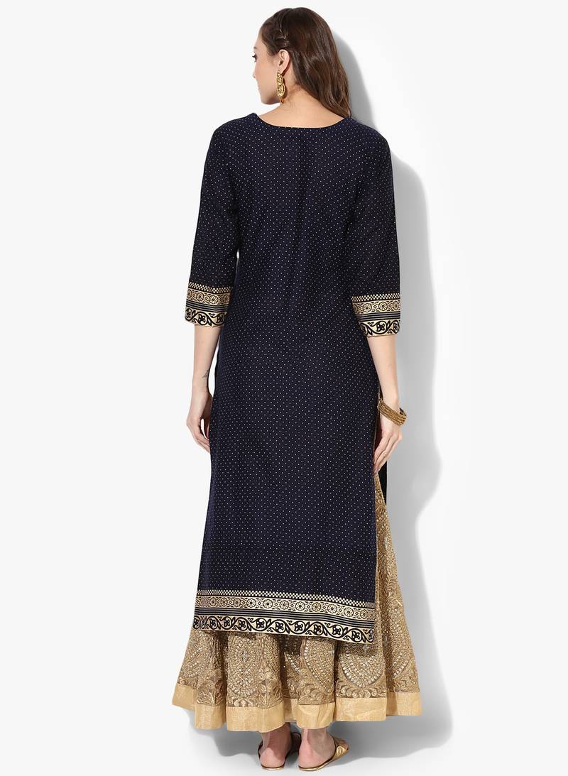 Women's Blue Cotton Block Prints Long Straight kurti