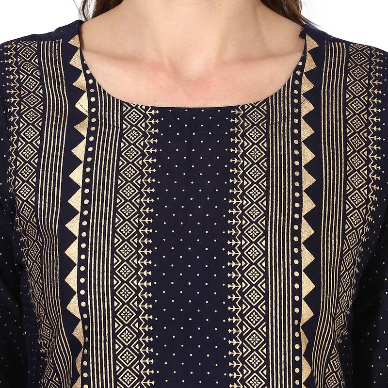 Women's Blue Cotton Block Prints Long Straight kurti