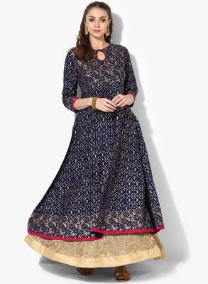 Women's Blue Cotton Block Prints Long Anarkali kurti 1