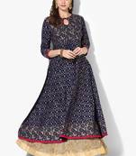 Women's Blue Cotton Block Prints Long Anarkali kurti