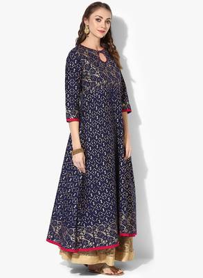 Women's Blue Cotton Block Prints Long Anarkali kurti 2