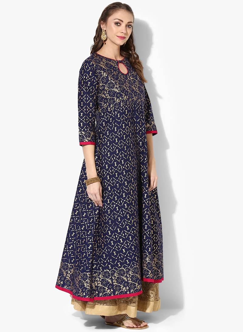 Women's Blue Cotton Block Prints Long Anarkali kurti