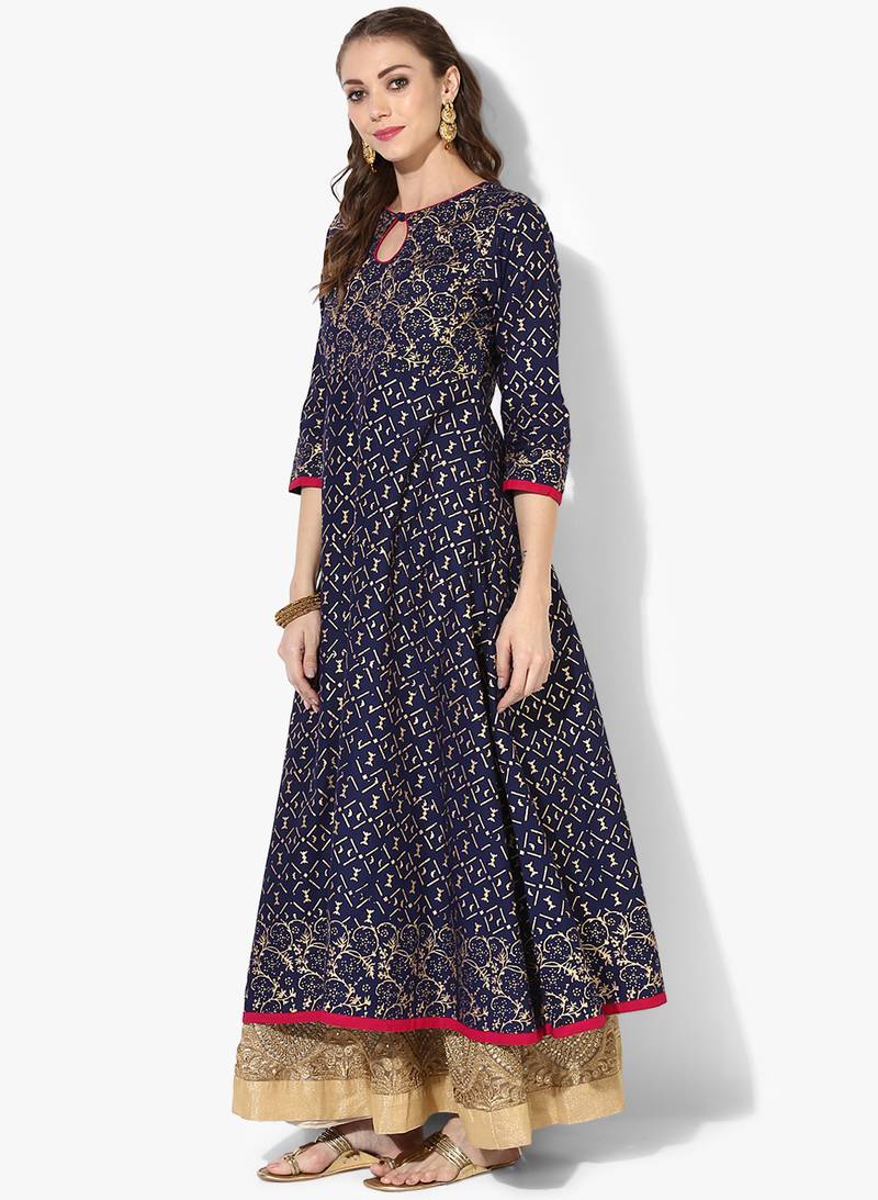 Women's Blue Cotton Block Prints Long Anarkali kurti