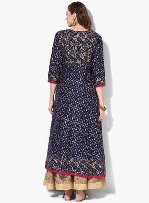 Women's Blue Cotton Block Prints Long Anarkali kurti 4