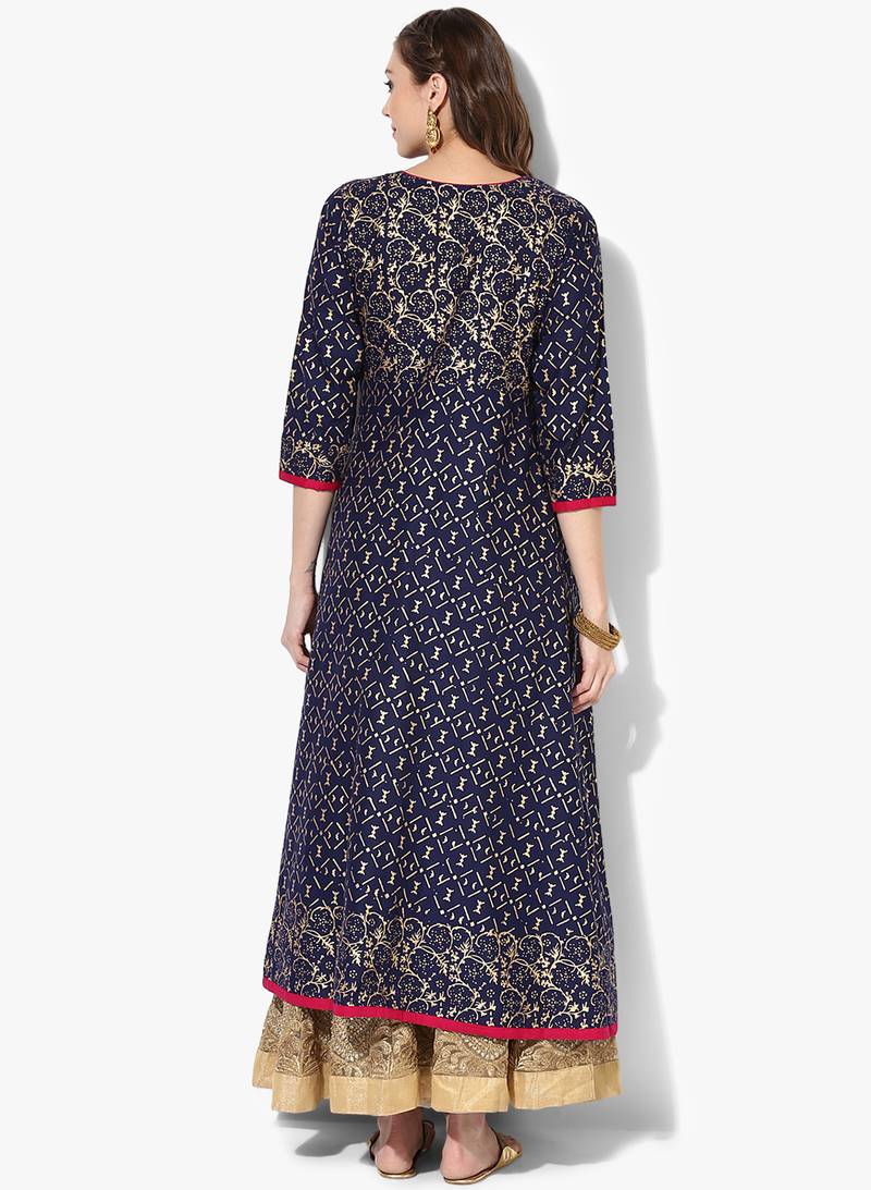 Women's Blue Cotton Block Prints Long Anarkali kurti