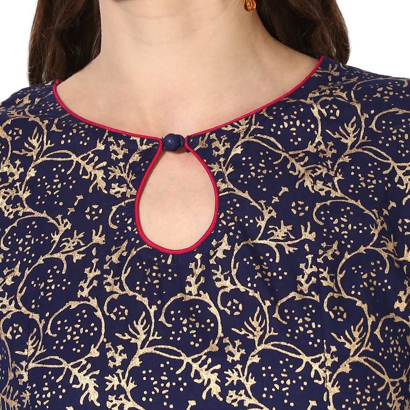 Women's Blue Cotton Block Prints Long Anarkali kurti