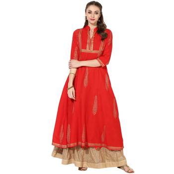Women's Red Cotton Block Prints Long Anarkali kurti 1