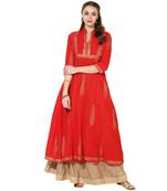Women's Red Cotton Block Prints Long Anarkali kurti