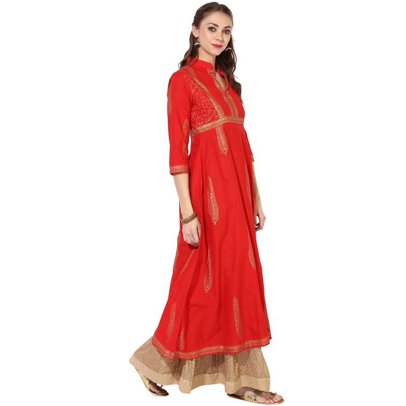 Women's Red Cotton Block Prints Long Anarkali kurti
