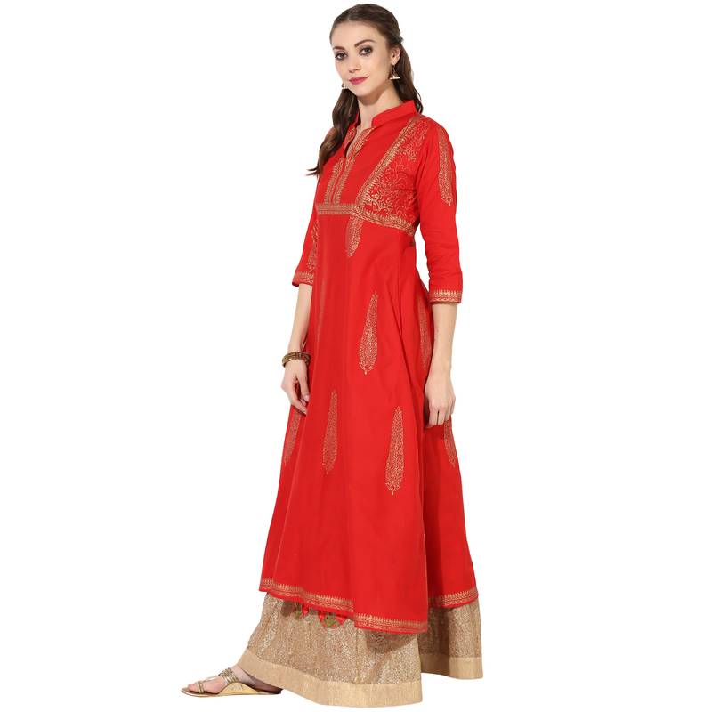 Women's Red Cotton Block Prints Long Anarkali kurti