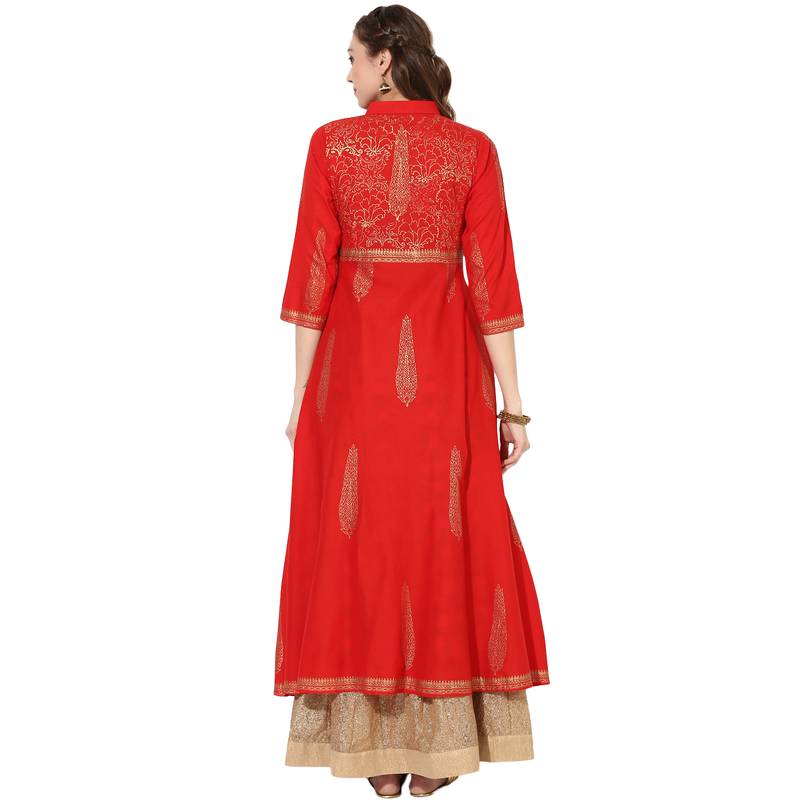 Women's Red Cotton Block Prints Long Anarkali kurti