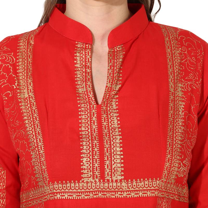 Women's Red Cotton Block Prints Long Anarkali kurti