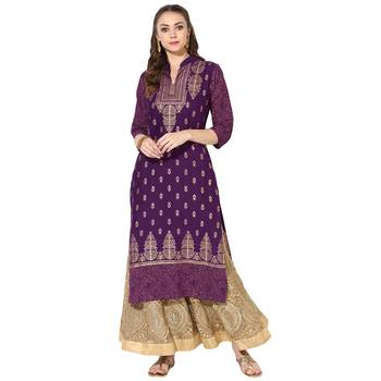 Women's Purple Cotton Block Prints Long Straight kurti 1