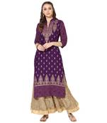 Women's Purple Cotton Block Prints Long Straight kurti
