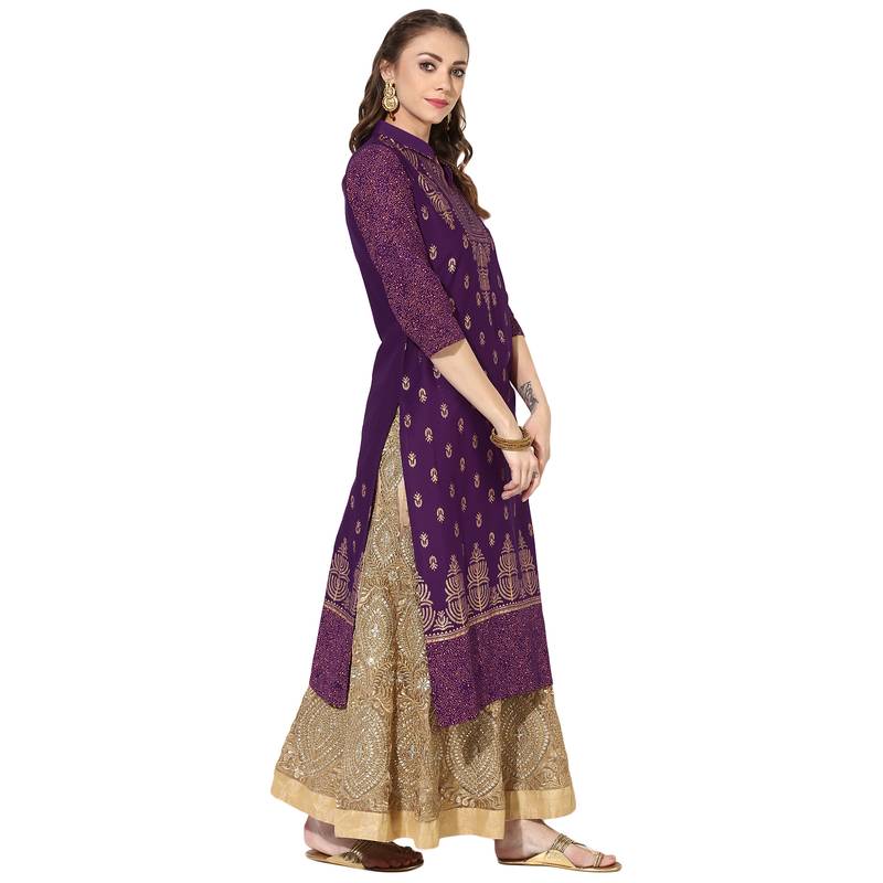 Women's Purple Cotton Block Prints Long Straight kurti