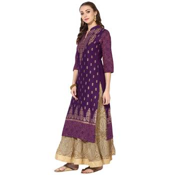 Women's Purple Cotton Block Prints Long Straight kurti 3