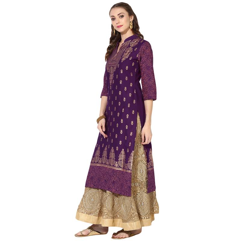 Women's Purple Cotton Block Prints Long Straight kurti