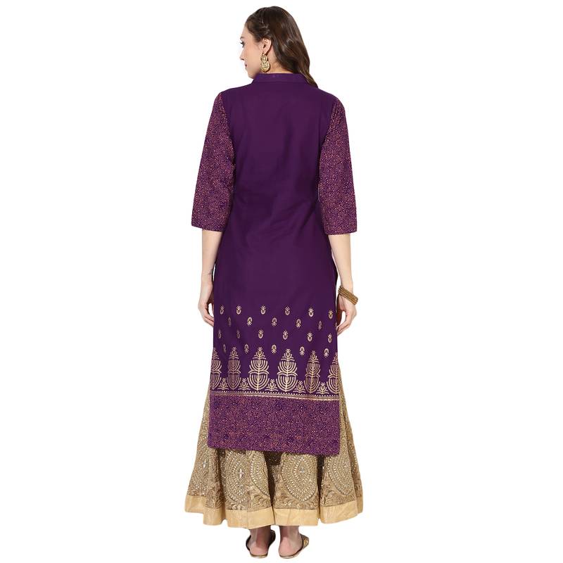 Women's Purple Cotton Block Prints Long Straight kurti