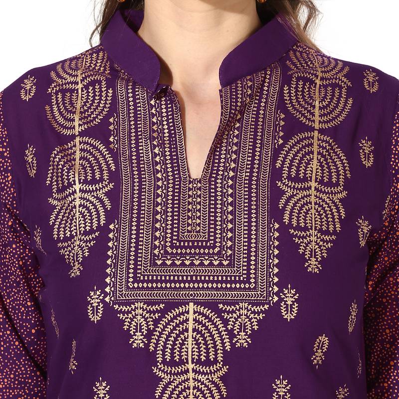 Women's Purple Cotton Block Prints Long Straight kurti
