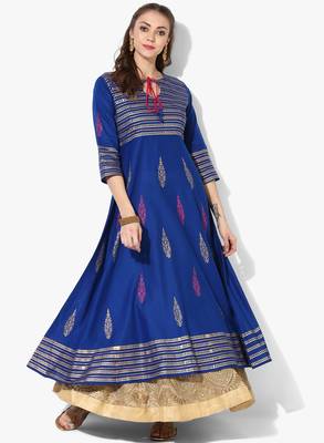 Women's Blue Cotton Block Prints Long Anarkali kurti 1