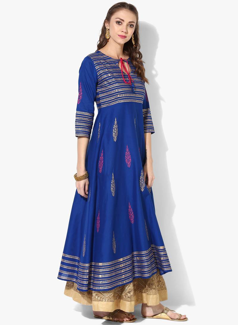 Women's Blue Cotton Block Prints Long Anarkali kurti